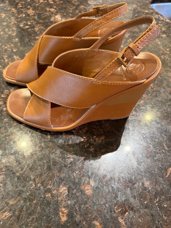 Tory Burch Shoes - Tory Burch Cognac Leather Wedge Sandals Crisscross Slingback Size 8